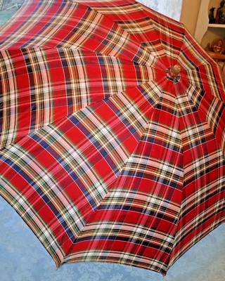 Vintage 50's Red PLAID Lucite Handle Scalloped Edge UMBRELLA - Image 1 of 4