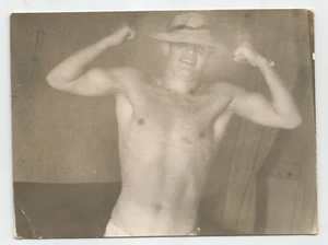 Photo Man Beach Shirtless In pose Muscled body Sea Trunks Unusual VTG - Picture 1 of 2