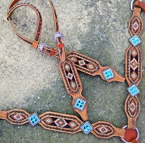 Western Horse Bling! Beaded Leather Tack Set Bridle Headstall + Breast Collar - Picture 1 of 3