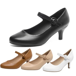 Women Low Kitten Heel Close Round Toe Ankle Strap Mary Jane Pump Shoes - Picture 1 of 21