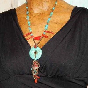 Striking Artisan BoHo Turquoise Heishi & Coral Necklace w/Jaclas & Earri… - Picture 1 of 12
