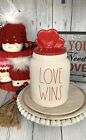 New Rae Dunn Love Wins Figural Canister With Red Hearts Topper