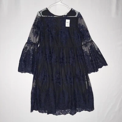 Motherhood Maternity Dress Large Blue Ruffle Lace Bell Sleeve Midi Holiday Xmas - Image 1 of 4