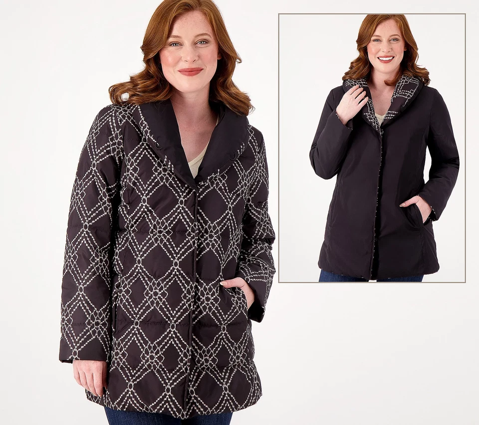 Dennis Basso Reversible Print to Solid Water Resistant Jacket Black Stone XS New - Image 1 of 1