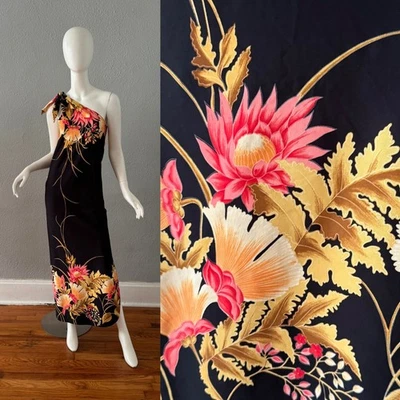 Vintage 60s 70s Black Hawaiian One Shoulder Floral Maxi Dress XS/S - Image 1 of 4