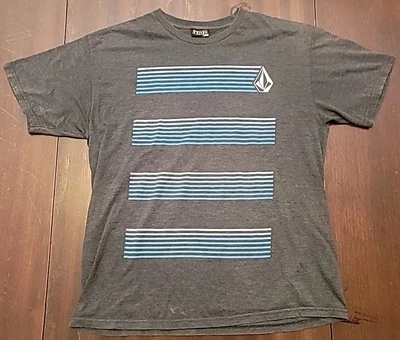 Volcom Vintage Gray shirt Men's Size Large Surfer Blue Striped Logo Graphic Grey - Image 1 of 4