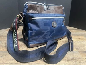 Orobianco Navy Camo Nylon /Brown Leather Cross/Shoulder Bag Purse - Picture 1 of 13
