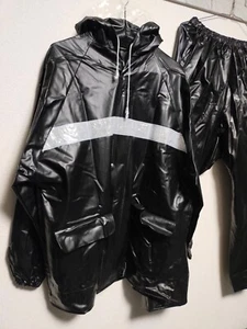 Black soft PVC vinyl rainsuits set hooded jacket pants rainwear - Picture 1 of 17