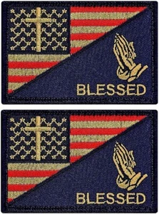 Blessed Praying Hand Cross USA Flag Subdued Patch ||2PC iron on or Sew on  3"x2" - Picture 1 of 2