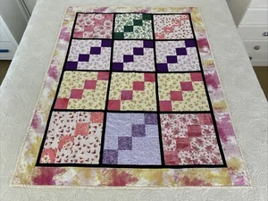 Handmade Patchwork Cotton Quilt Colourful Geometric Floral 123 cm x 96 cm - Picture 1 of 16