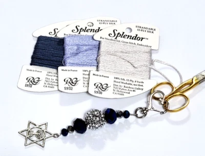 Star of David Iridescent Cobalt Blue Rhinestone Fob & Embroidery Scissors - Image 1 of 2