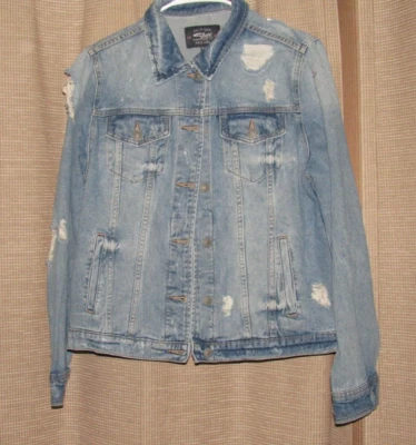 SILVER Womens Sinclair Medium Denim Blue Jean Jacket Distressed Cotton Button Fr - Image 1 of 4
