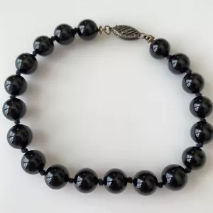 Pulsera anudada a mano vintage de bola de ónix negro con broche de plata de ley 925 8" - Imagen 1 de 3