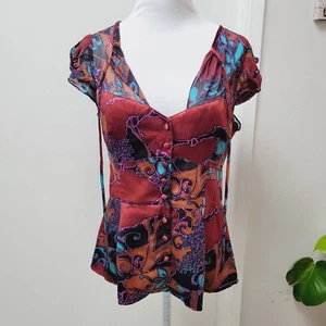 Nanette Lepore Silk Button Down Shortsleeve Bouse Top Shirt Multicolored 12 Y2K - Picture 1 of 5