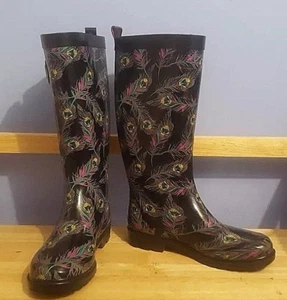 Capelli New York Women Size 6 Multi-color Peacock Feathers Rain Boots Black - Picture 1 of 5