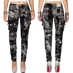 Cipo & Baxx Damen Jeans Hose Glitzer Effekt Farbkleckse Schriftzüge Cargo Style