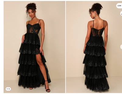 Lulus Alluring Sensation Maxi Dress Women XL Black Tulle Embroidered Tiered Gown - Image 1 of 4