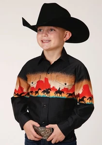 Roper Boys Kids Black 100% Cotton Red Mesa Scenic L/S Shirt XS - Picture 1 of 4