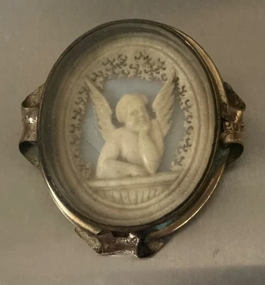 Antique Victorian Lg Gold-Plated Hand-Carved Angel Under Glass Brooch - Image 1 of 4