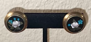 Antique Victorian Pietra Dura Floral 10K Karat Gold Screw Back Clip On Earrings - Picture 1 of 5