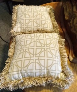 Pair of White Beige Abstract Print Fringed Throw Pillows   13 x 13 - Picture 1 of 2