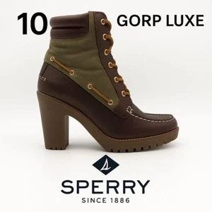 Sperry Trinity Boots Women’s 10M Duck Heel Brown Green Lace Up Lug Sole Chic - Picture 1 of 9