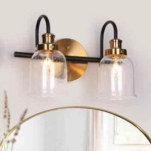 Zevni 13 in. 2-Light Brass & Black Bathroom Vanity Light w/Seeded Glass - Picture 1 of 10