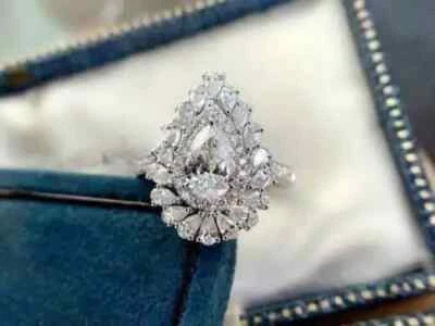 4 ct Pear Cut Drop Shape White Moissanite Engagement Ring 14K White Gold Finish - Image 1 of 4