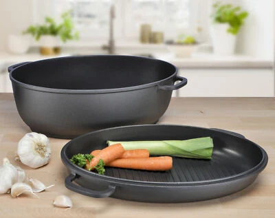 Alu Guss Bräter mit Grill Pfanne - 8 Liter - Schmortopf Kochtopf Braten Topf - Bild 1 von 2