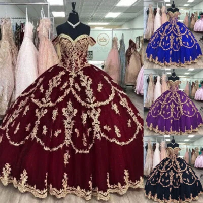 Vestido de Quinceañera Borgoña con Apliques Dorados Vestidos de Baile Dulce 16 Vestido de Baile de graduación Foto 1 de 4