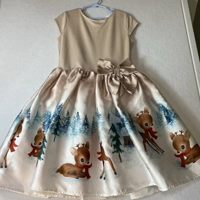 H&M Girl 8-10 Holiday Christmas Dress Reindeer Satin Stretch Beige Neutral Dress - Image 1 of 4