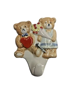 VTG Takahashi Teddy Bear Ceramic Wall Hook 2 Bears Heart Flowers EUC Baby Kids - Picture 1 of 5