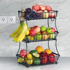 3-Tier Fruit Basket Bowl Vegetable Storage with Banana Hook and Wooden handle... - Bild 1 von 8