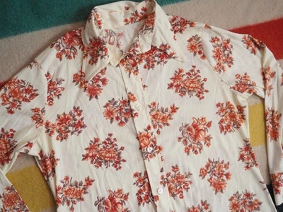VTG 60s 70s Cream Brown Floral Hippy Boho Poly Disco Button Shirt Womens M - Image 1 of 4