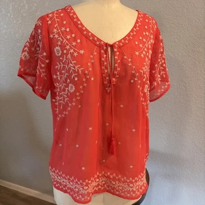 American Eagle große Boho koralle orange transparent bestickt Bluse - Bild 1 von 6