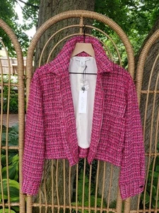 Neu mit Etikett Rachel Zoe Damen rosa Tweed Jacke Größe S verkürzt Reißverschluss vorne Barbiecore - Bild 1 von 15