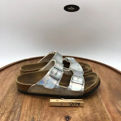 Sandalias Birkenstock Arizona Niños 32 EE. UU. 1 N Plateadas Holográficas Doble Correa Deslizables Foto 1 de 4