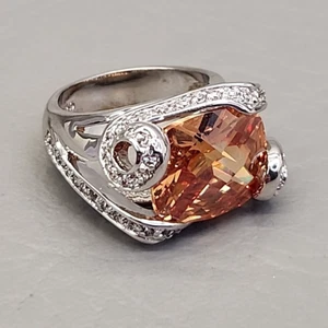 Cubic Zirconia Ring Orange Faceted Orange Clear Rhinestones Silver Tone Sz 9 - Picture 1 of 11