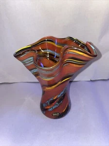 Glas Eye Studio USA mundgeblasene Swirl Rüschen Glas Vase - orange bunt - Bild 1 von 22
