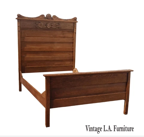 Antique French Country Oak Full Size Bed Frame Headboard Footboard Cover