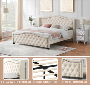 Upholstered Platform Bed Frame with Tall Headboard & Luxurious Arched Footboard - Picture 1 of 17