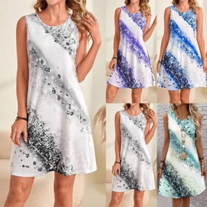 Womens Printed Sleeveless Tank Mini Dress Ladies Summer Casual Loose Sundress - Picture 1 of 17