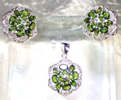 DIOPSÍDIO CROMADO NATURAL 925 PRATA BANHADO A OURO 14K BRINCOS & PINGENTE CONJUNTO #66 - Imagem 1 de 4