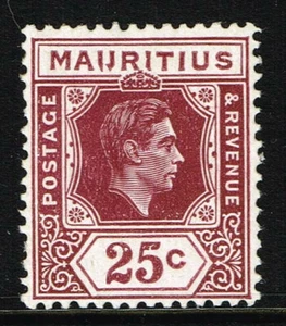 MAURITIUS 1942 KG VI 25c BROWN-PURPLE WITH "IJ" FLAW LIGHTLY MM SG 259ba - Picture 1 of 3