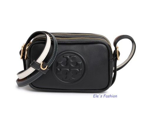 NWT Tory Burch Perry Bombe Mini Borsa a Tracolla in Pelle w Double Straps BLACK AUTH