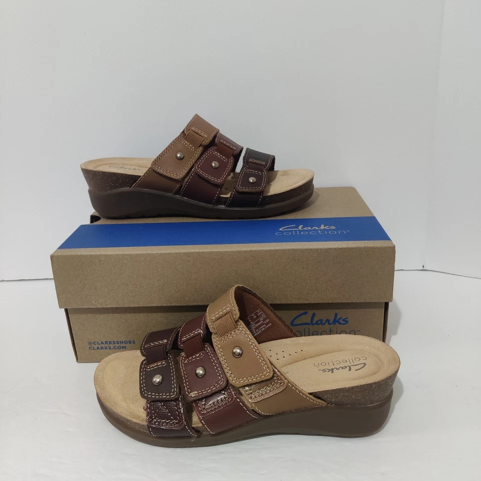 Clarks Calenne Lily Womens Leather Wedge Triple Strap Sandals Slides Size 6