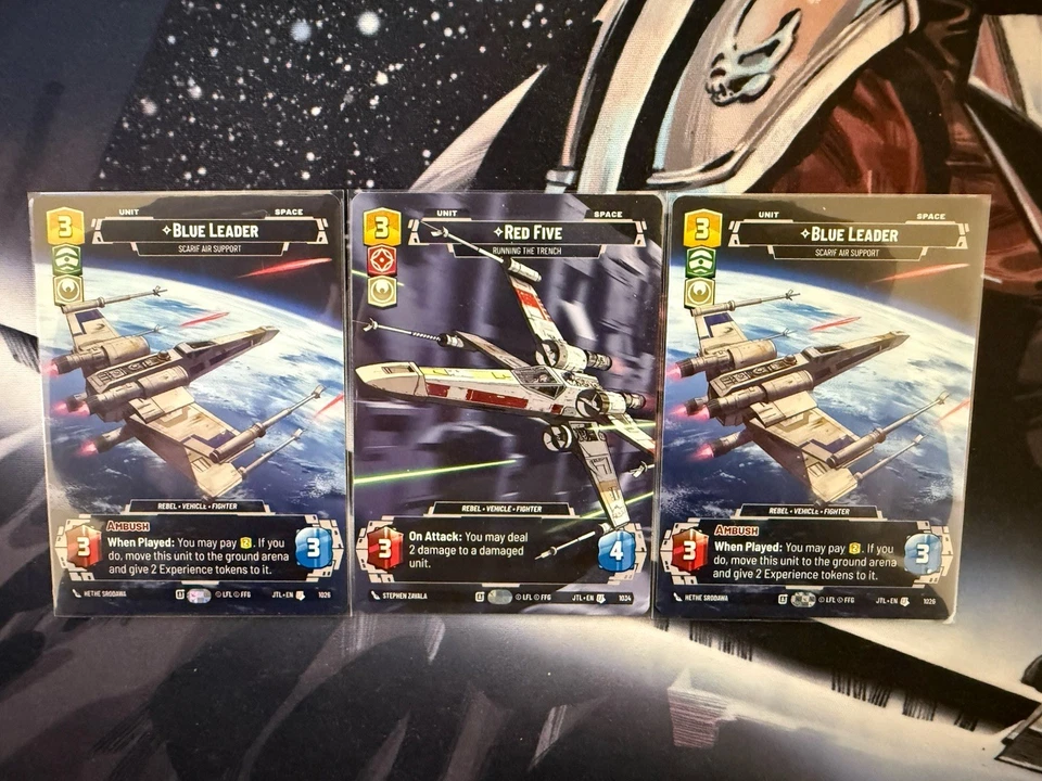 Star Wars Unlimited Blue Leader x2 Red Five x1 JTL Carbonite Prestige Lote Casi Nuevo/Muy Nuevo Foto 1 de 1