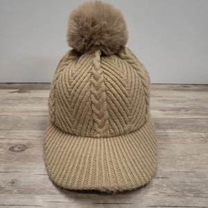 Cable Knit Hat Cap Fitted Womens One Size Beige Pom Pom Fleece Lined Winter - Picture 1 of 7