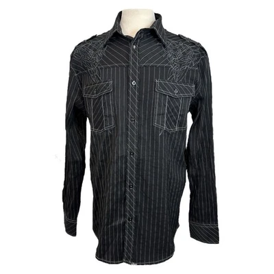 Roar Mens XL Black Embroidered Stripes Biker Shirt L/S Button Up Rock Style Y2K - Image 1 of 4