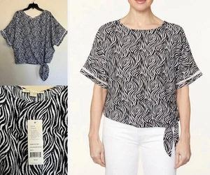 Black White Animal Zebra Print Pullover Summer Top L Crochet Short Dolman Sleeve - Picture 1 of 5